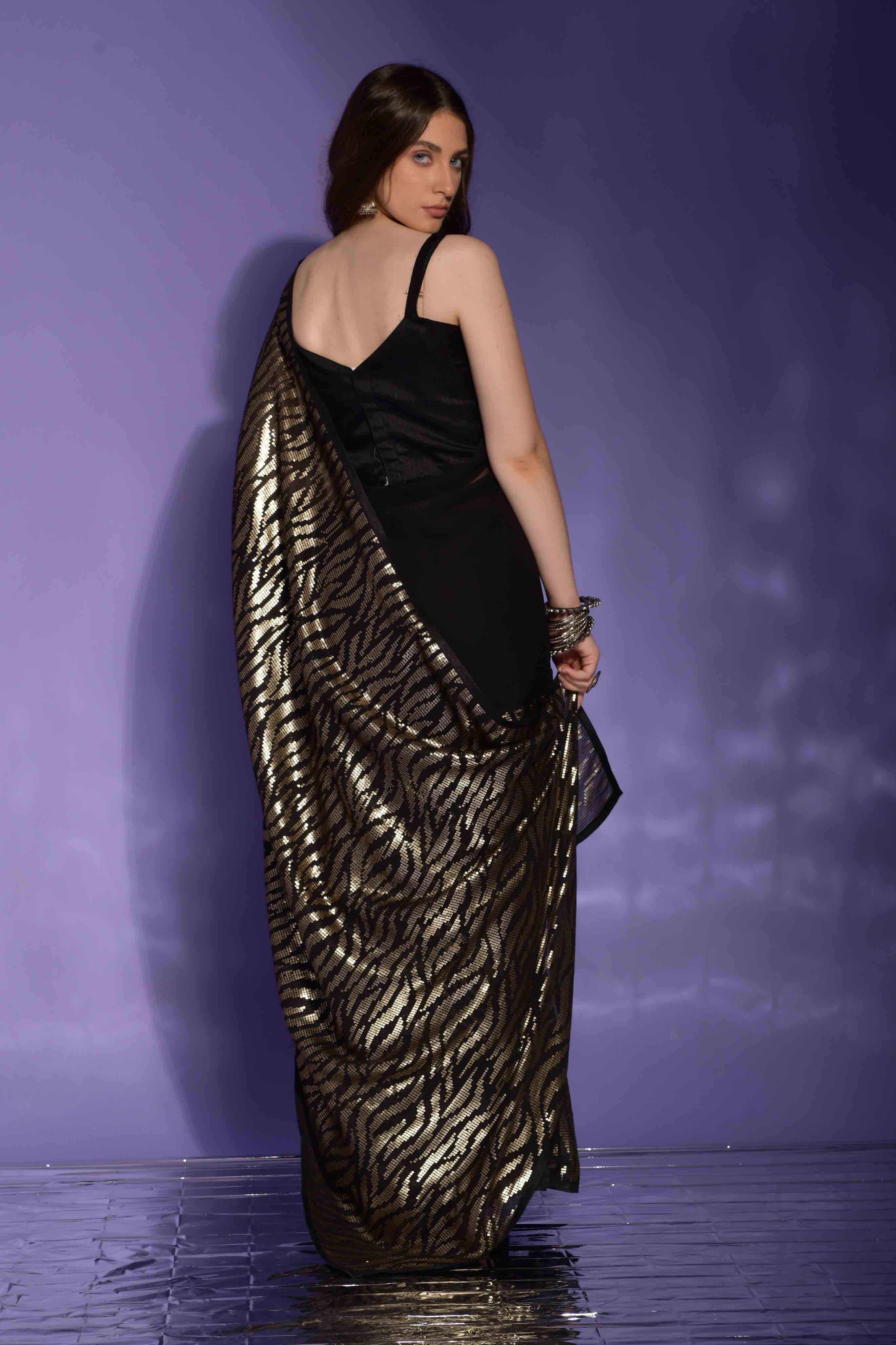 Faux Georgette Cheetah Sequence Embroidery Saree