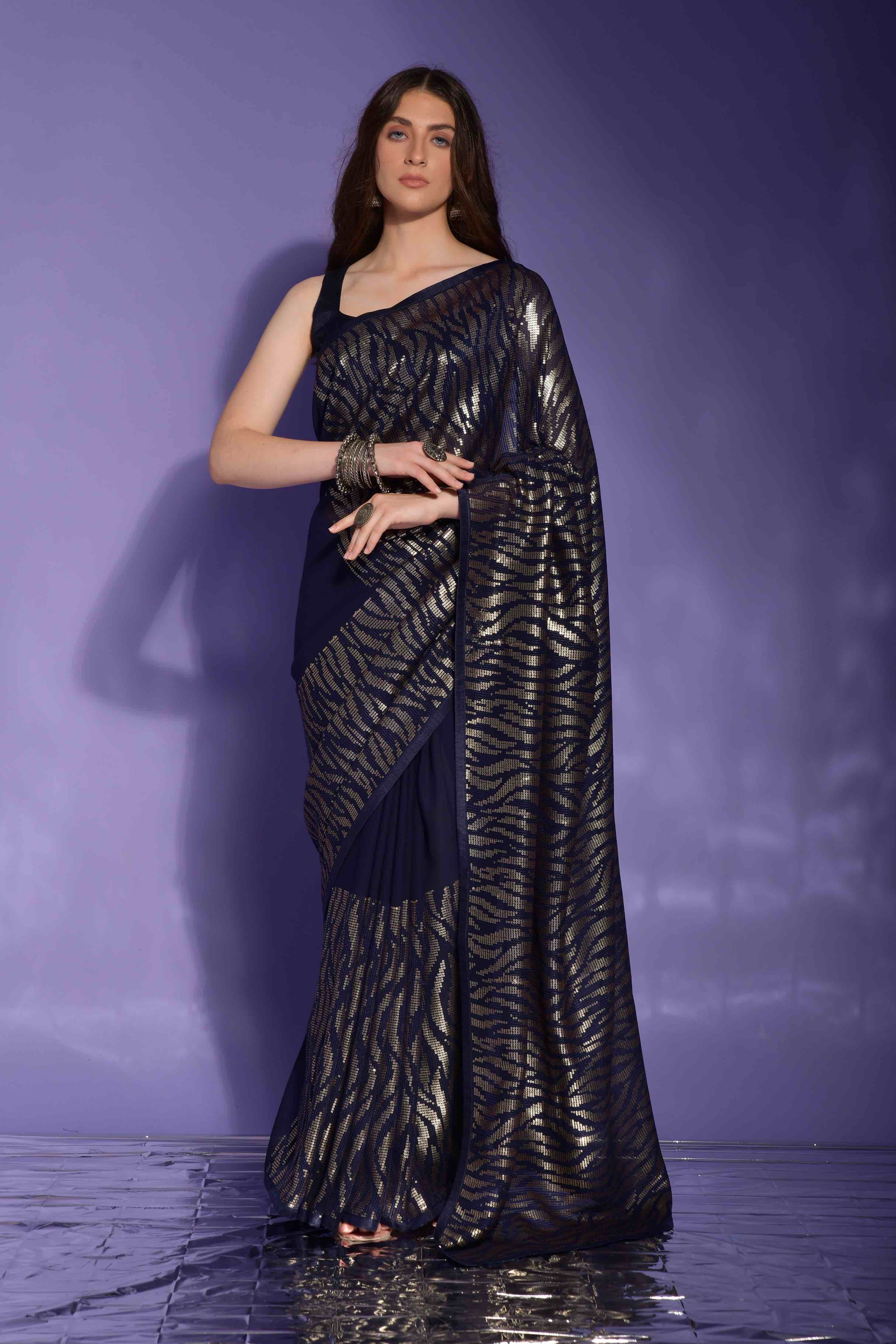 Faux Georgette Cheetah Sequence Embroidery Saree