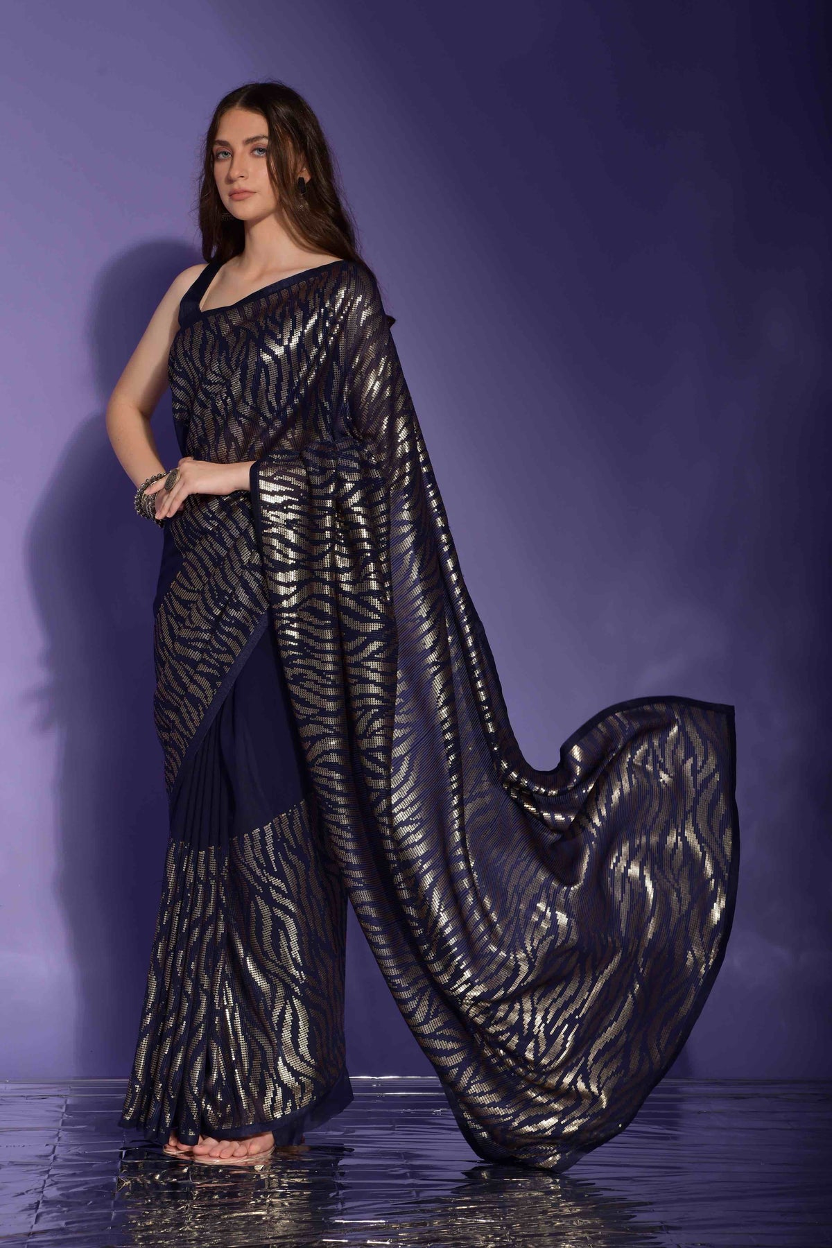 Faux Georgette Cheetah Sequence Embroidery Saree