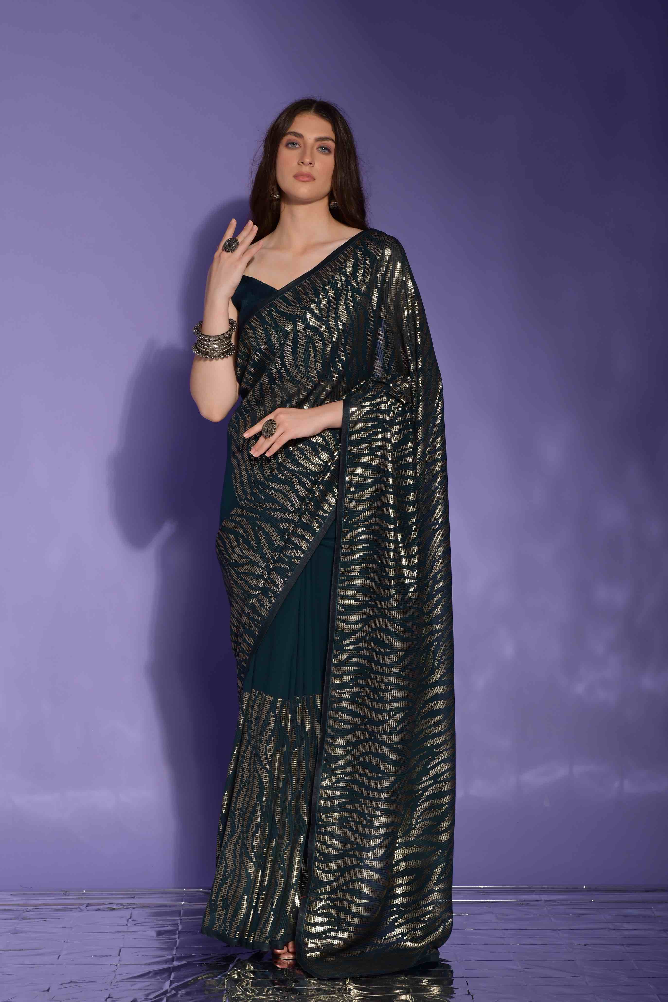 Faux Georgette Cheetah Sequence Embroidery Saree