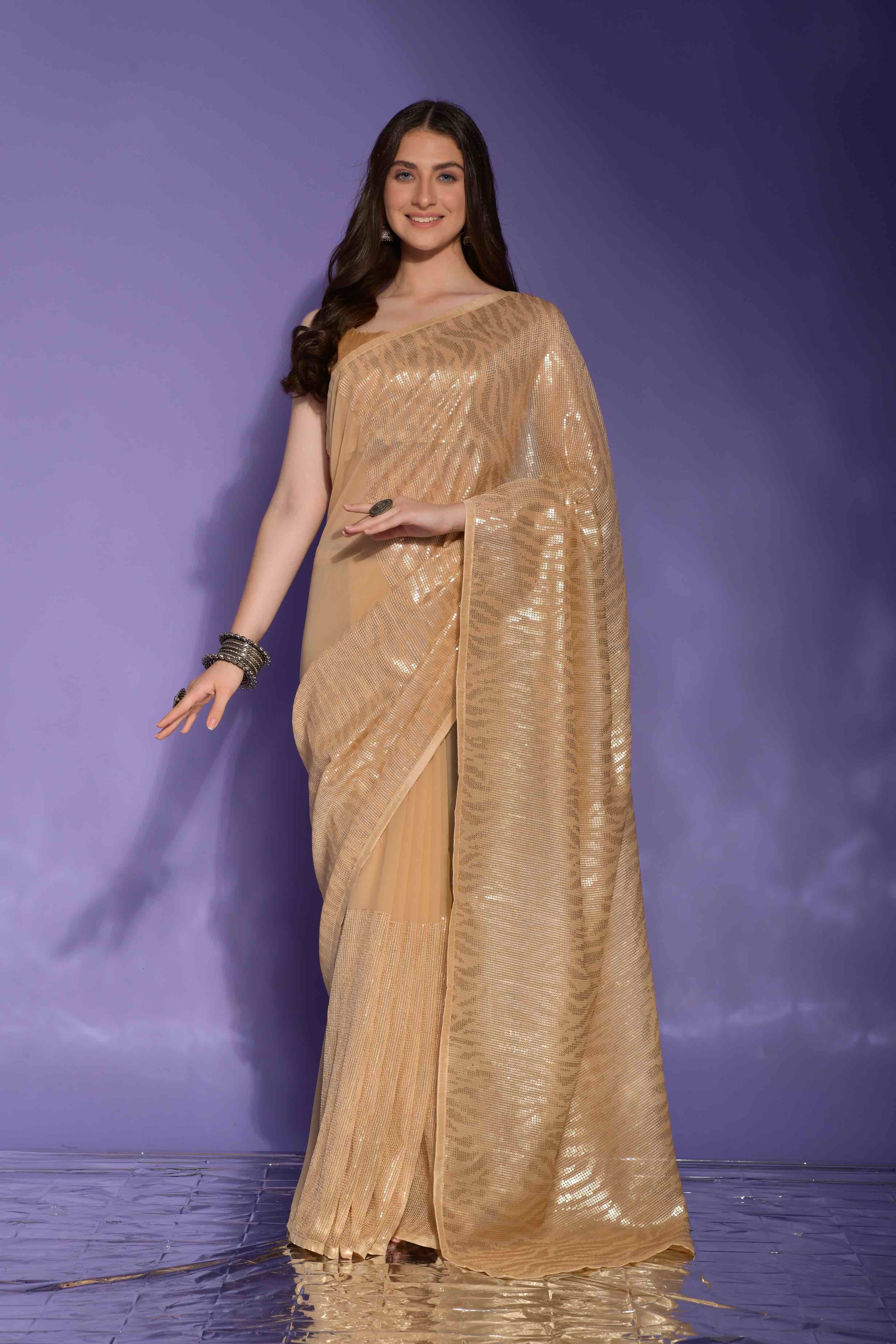 Faux Georgette Cheetah Sequence Embroidery Saree