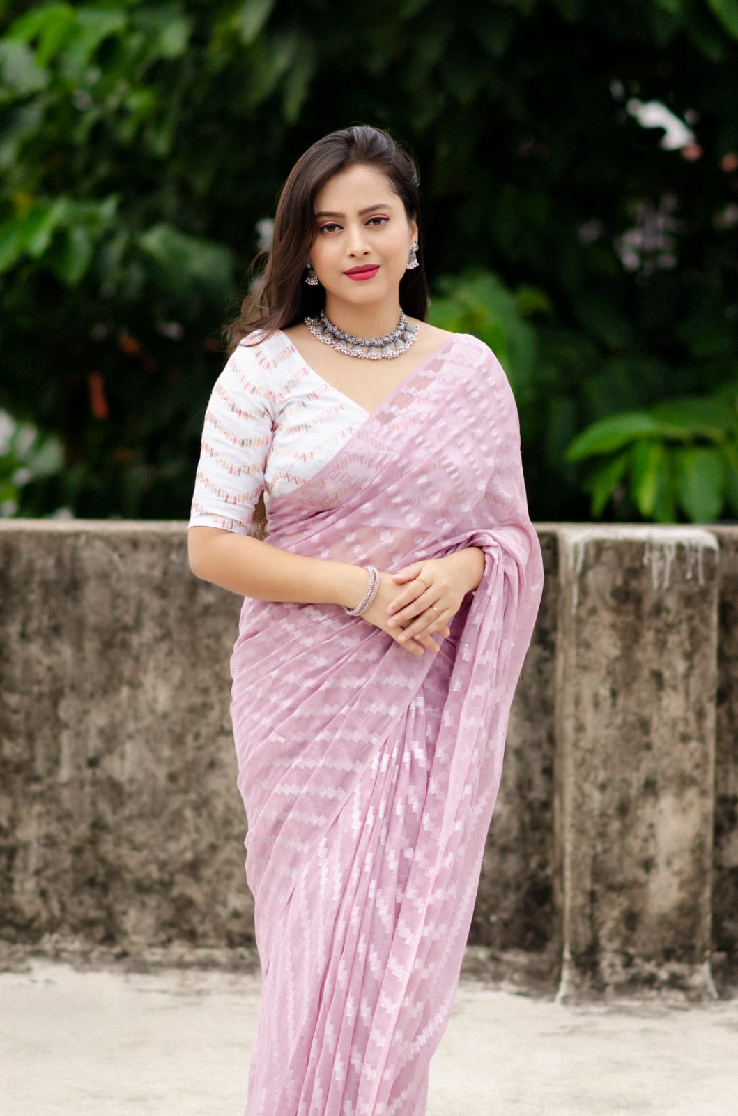 Silver chiffon lahriya Saree