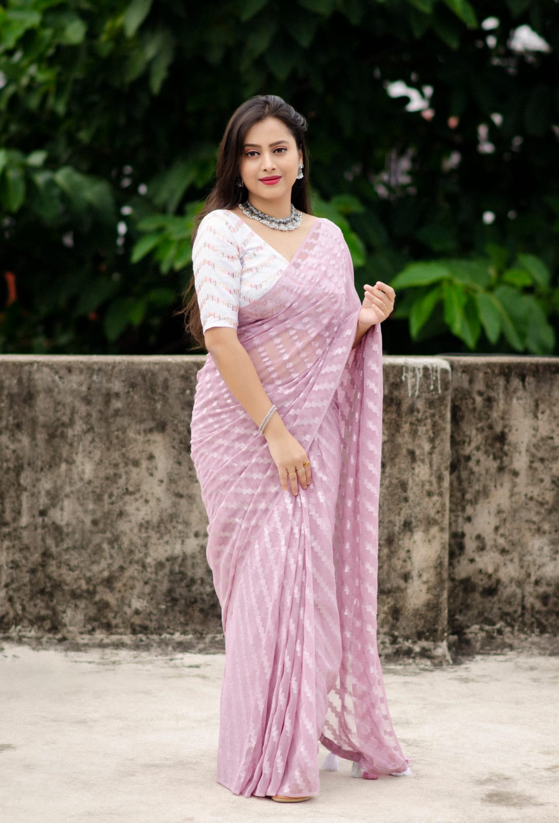 Silver chiffon lahriya Saree