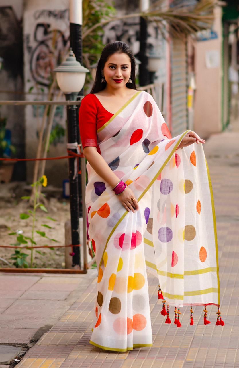 Soft Linen Polka Dot Print Saree