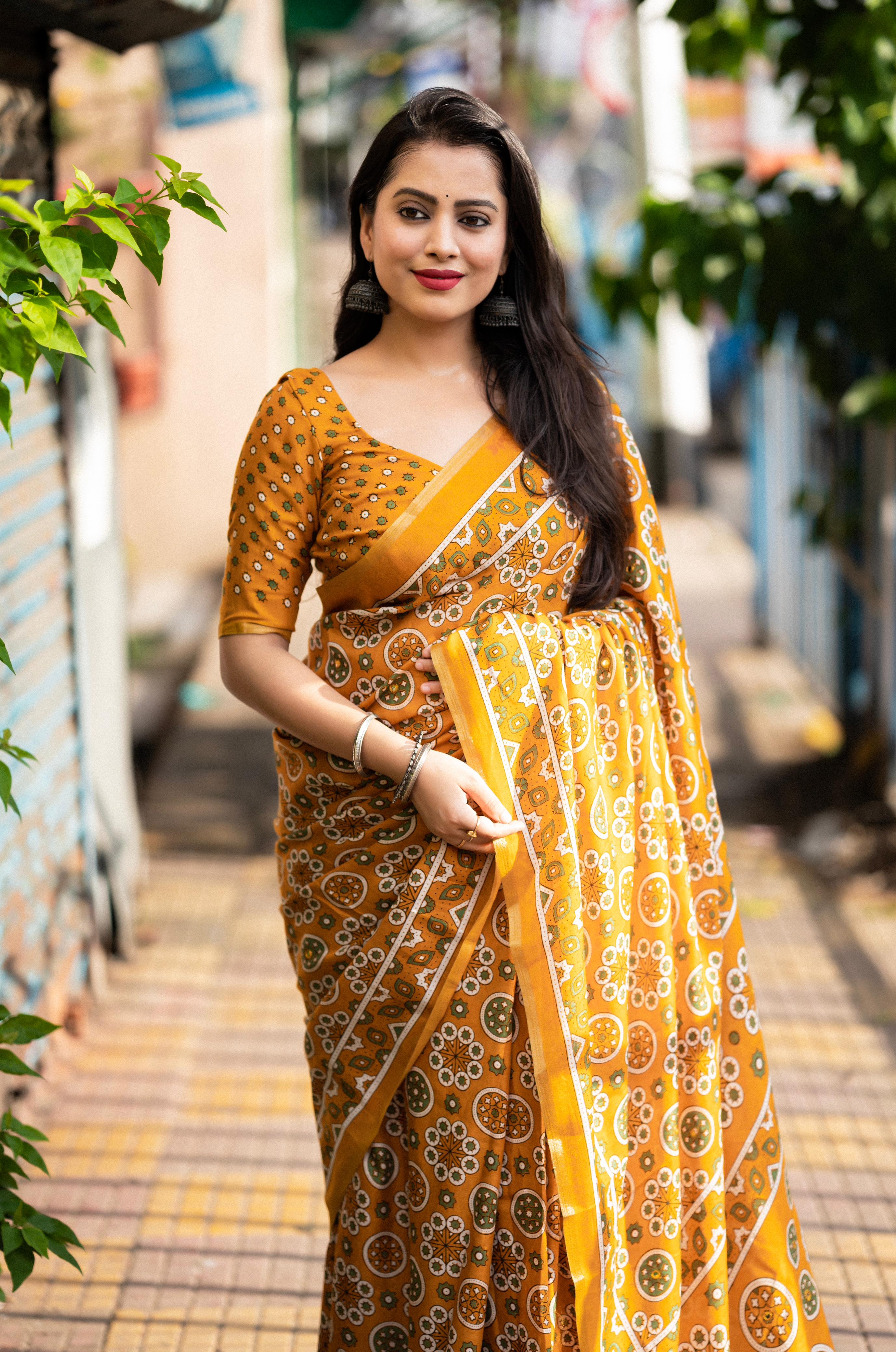 Ajrakh Print Cotton Saree