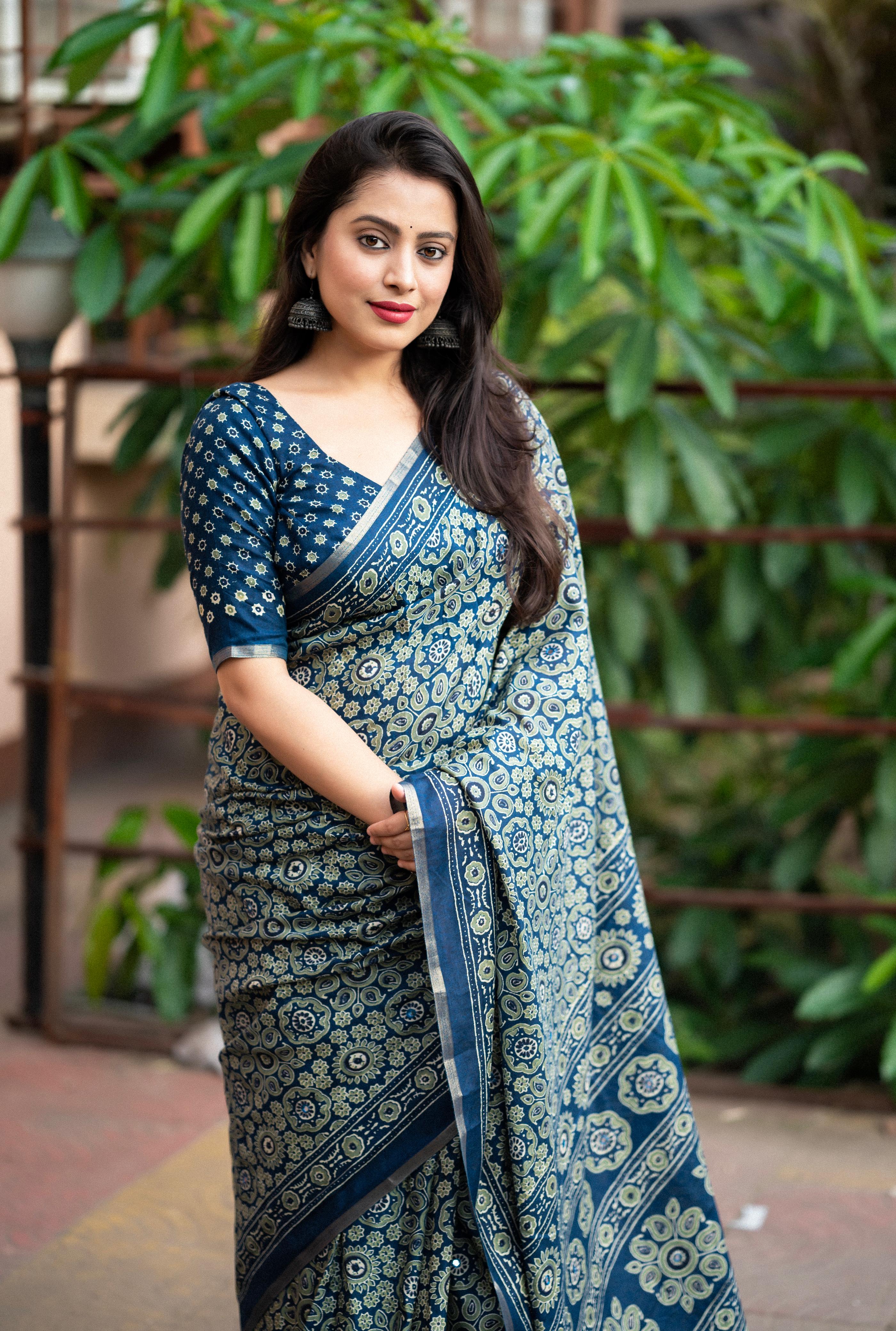 Ajrakh Print Cotton Saree