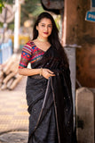 Soft Linen Chex Saree With Mirror Work