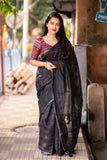 Soft Linen Chex Saree With Mirror Work