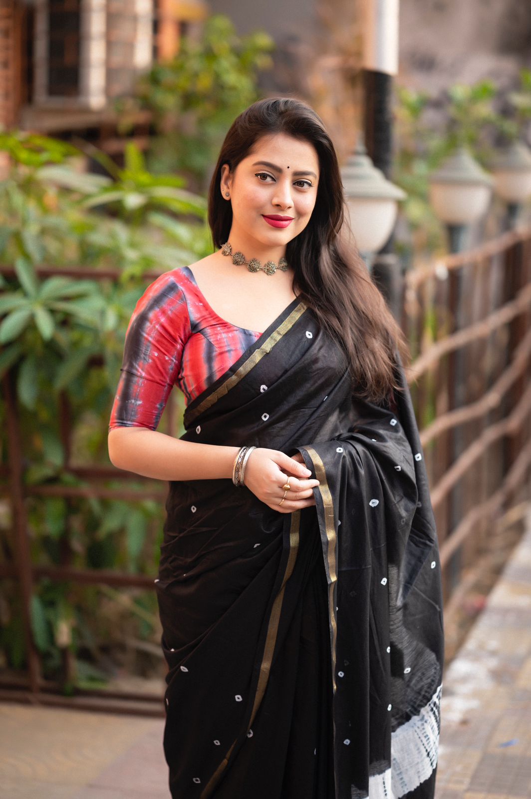 Black Screen-Printed Chanderi Saree | DH148