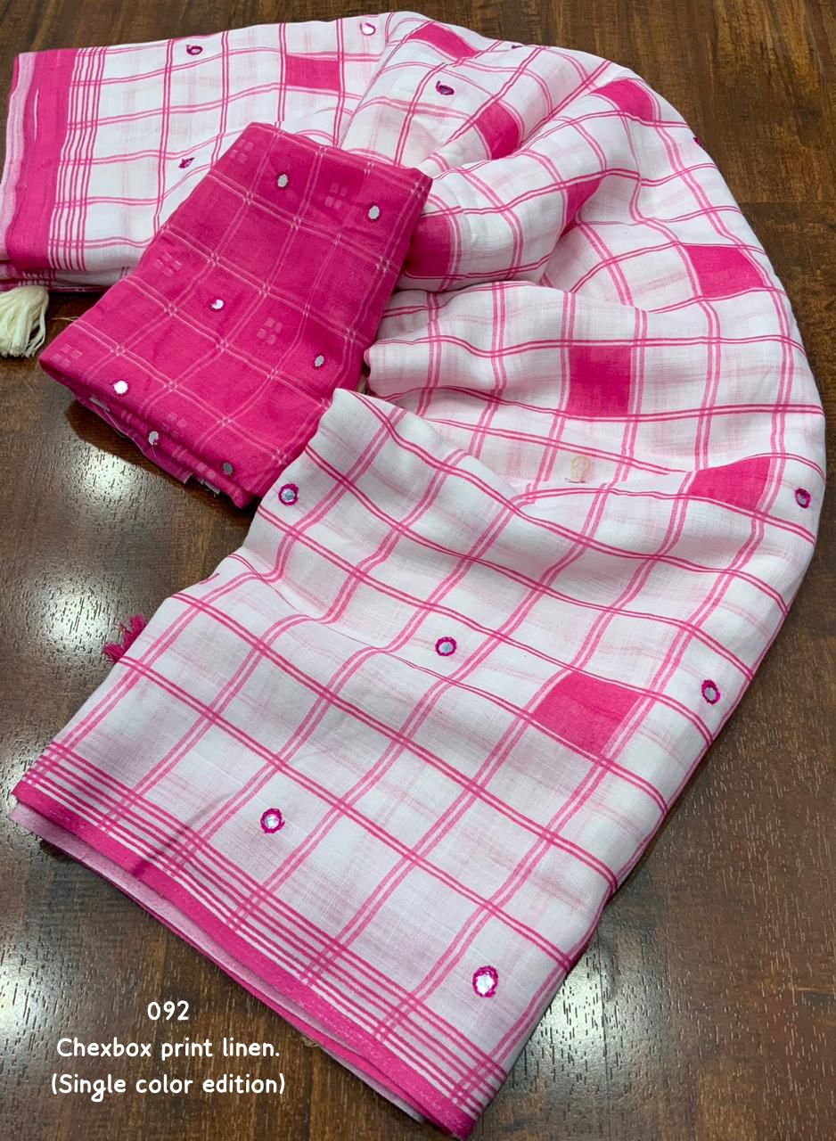 Soft Linen Chex Saree With Mirror Work