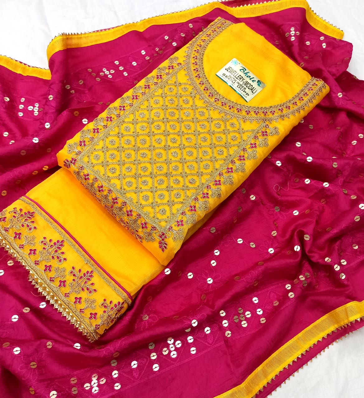 Saffron Yellow Silk Embroidery unstitched Salwar Suit