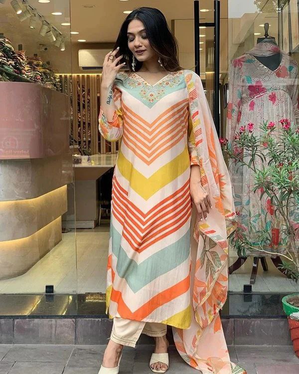 Chiffon dye abstract print Embroidery 3 piece salwar suit