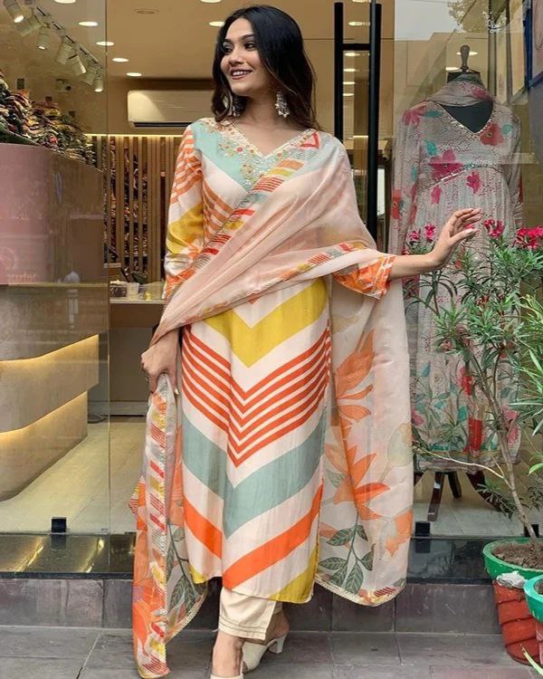 Chiffon dye abstract print Embroidery 3 piece salwar suit